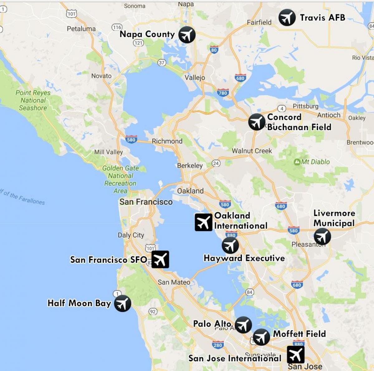 օդանավակայաններ կողքին Սան Ֆրանցիսկոյում քարտեզի վրա